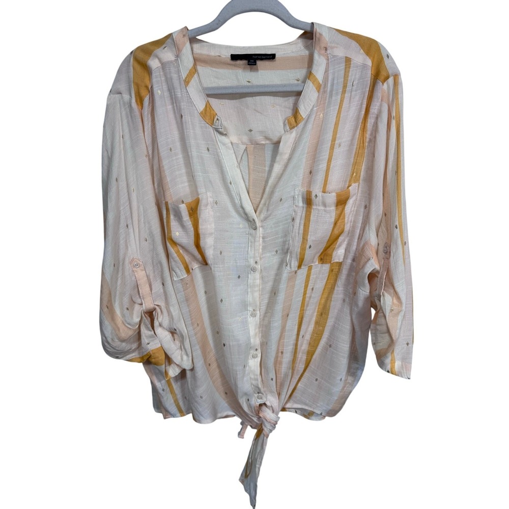 Harve Benard White Orange‎ Striped Gold Geo Tie Hem Long Sleeve Blouse Size 3X